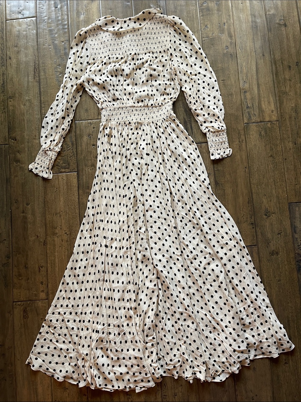 Reformation x Nara Smith Brown Sugar Ruffle Polka Dot Midi Dress - Picture 8 of 10